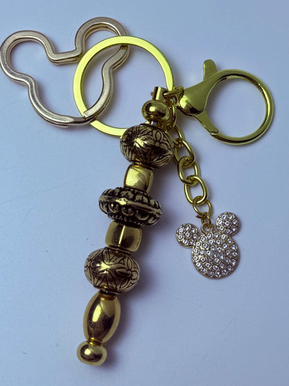 Disney Inspired Gold Bag Charm  Mickey Mouse Rhinestone Keychain with Engraved Beads, Handmade Purse & Backpack Accessory, Cute Disney Gift