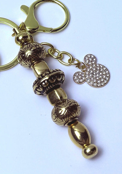 Disney Inspired Gold Bag Charm  Mickey Mouse Rhinestone Keychain with Engraved Beads, Handmade Purse & Backpack Accessory, Cute Disney Gift