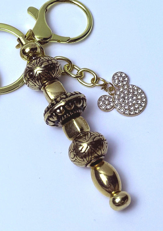 Disney Inspired Gold Bag Charm  Mickey Mouse Rhinestone Keychain with Engraved Beads, Handmade Purse & Backpack Accessory, Cute Disney Gift