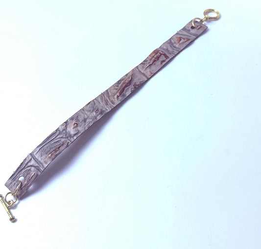 Handmade Embossed Leather Bracelet: Rustic Boho Gold Toggle Cuff