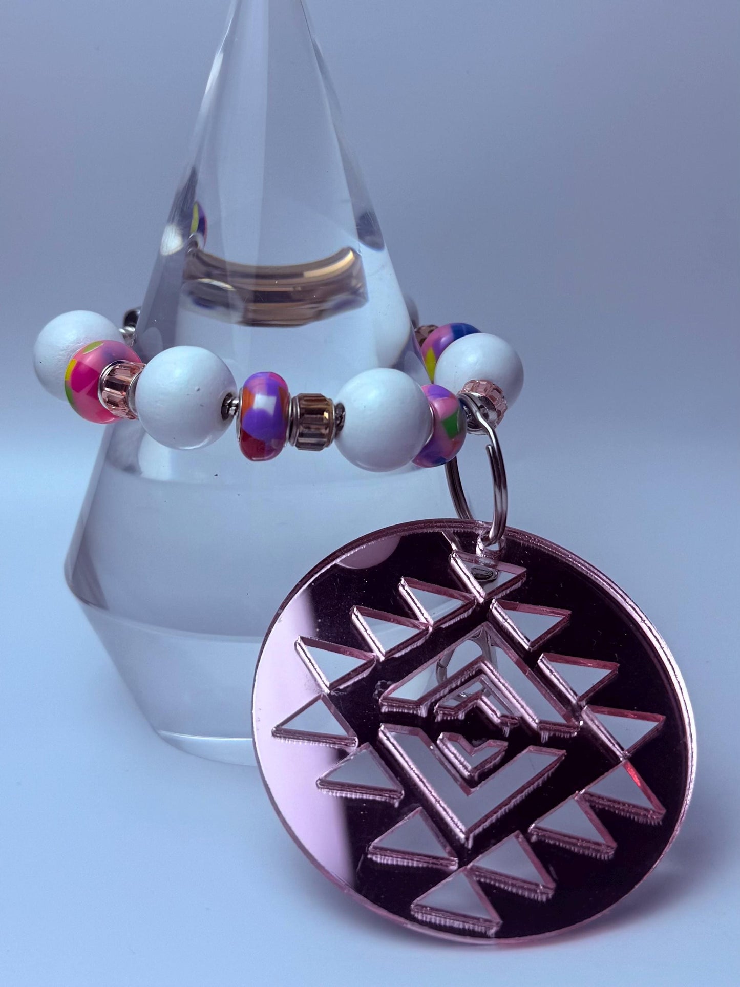 Rose Gold Aztec Mandala Bag Charm: Metallic Acrylic Keychain
