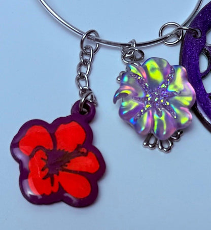 Purple Hibiscus Bag Charm Keychain: Mermaid Scale Acrylic Purse Accessory