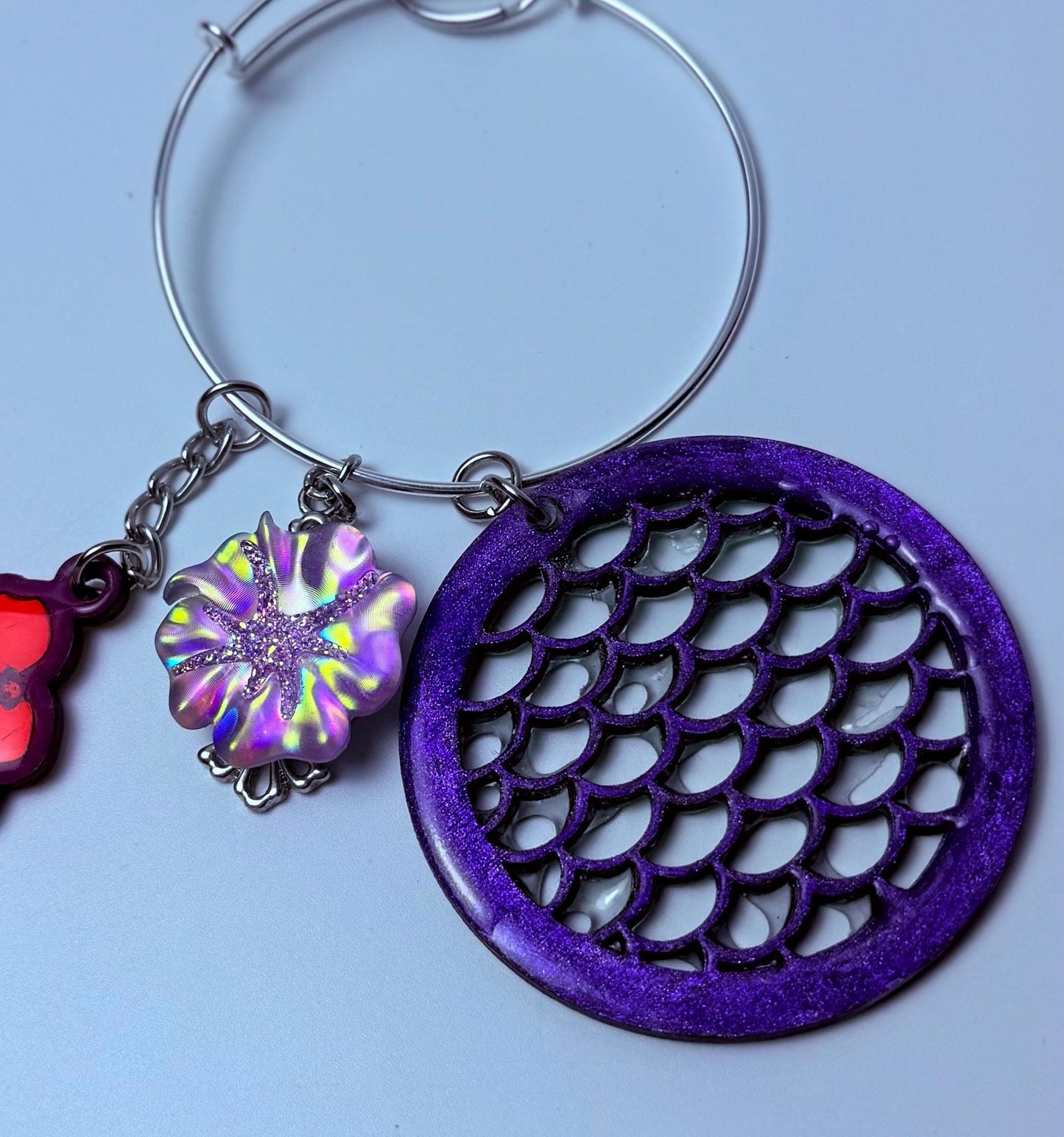 Purple Hibiscus Bag Charm Keychain: Mermaid Scale Acrylic Purse Accessory