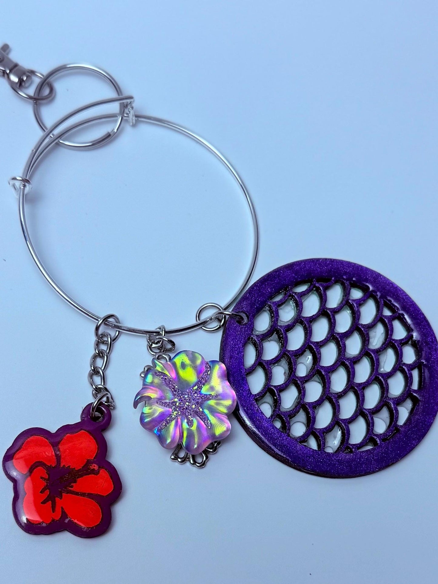 Purple Hibiscus Bag Charm Keychain: Mermaid Scale Acrylic Purse Accessory