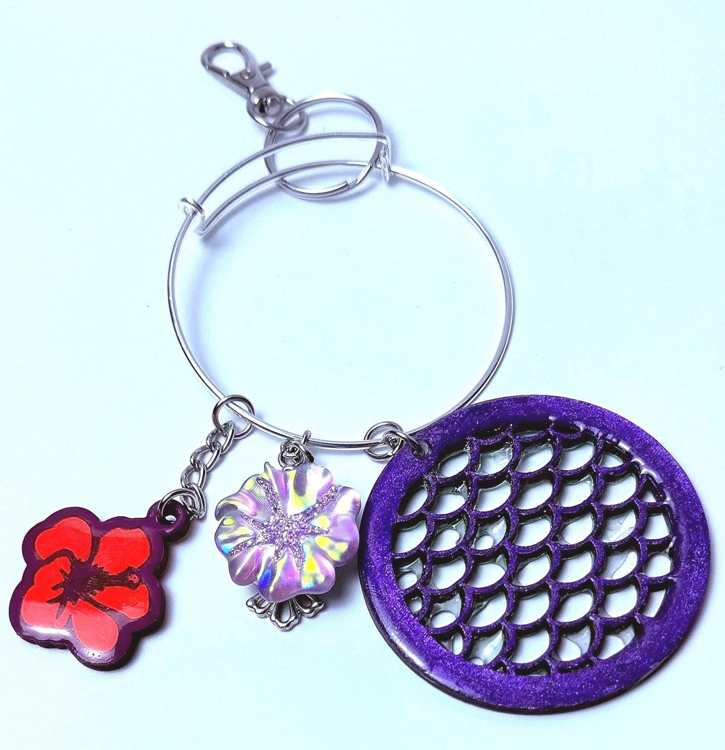 Purple Hibiscus Bag Charm Keychain: Mermaid Scale Acrylic Purse Accessory