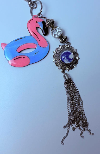 Flamingo Float Keychain: Acrylic Bag Charm with Crystal Tassel