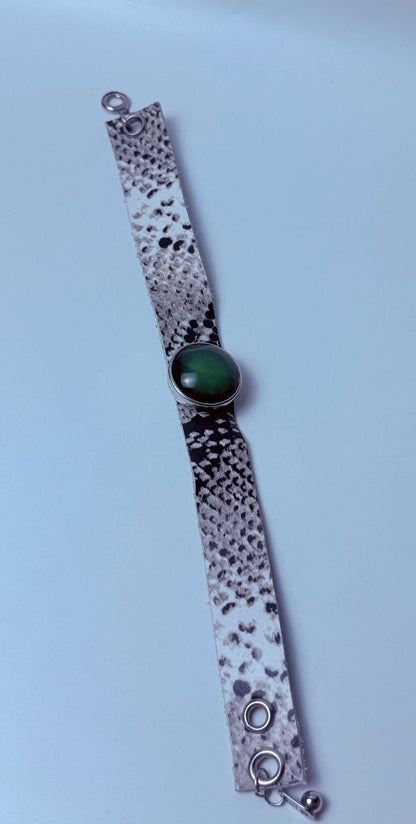 Snakeskin Leather Mood Stone Cuff: Boho Rocker Color-Changing Bracelet