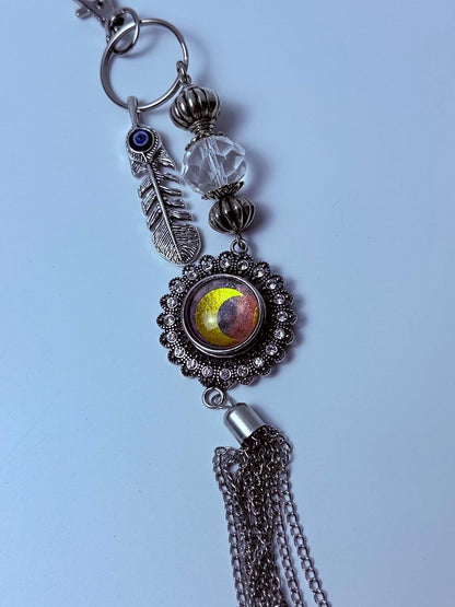 Boho Evil Eye Bag Charm: Mood Stone, Feather & Crystal Tassel