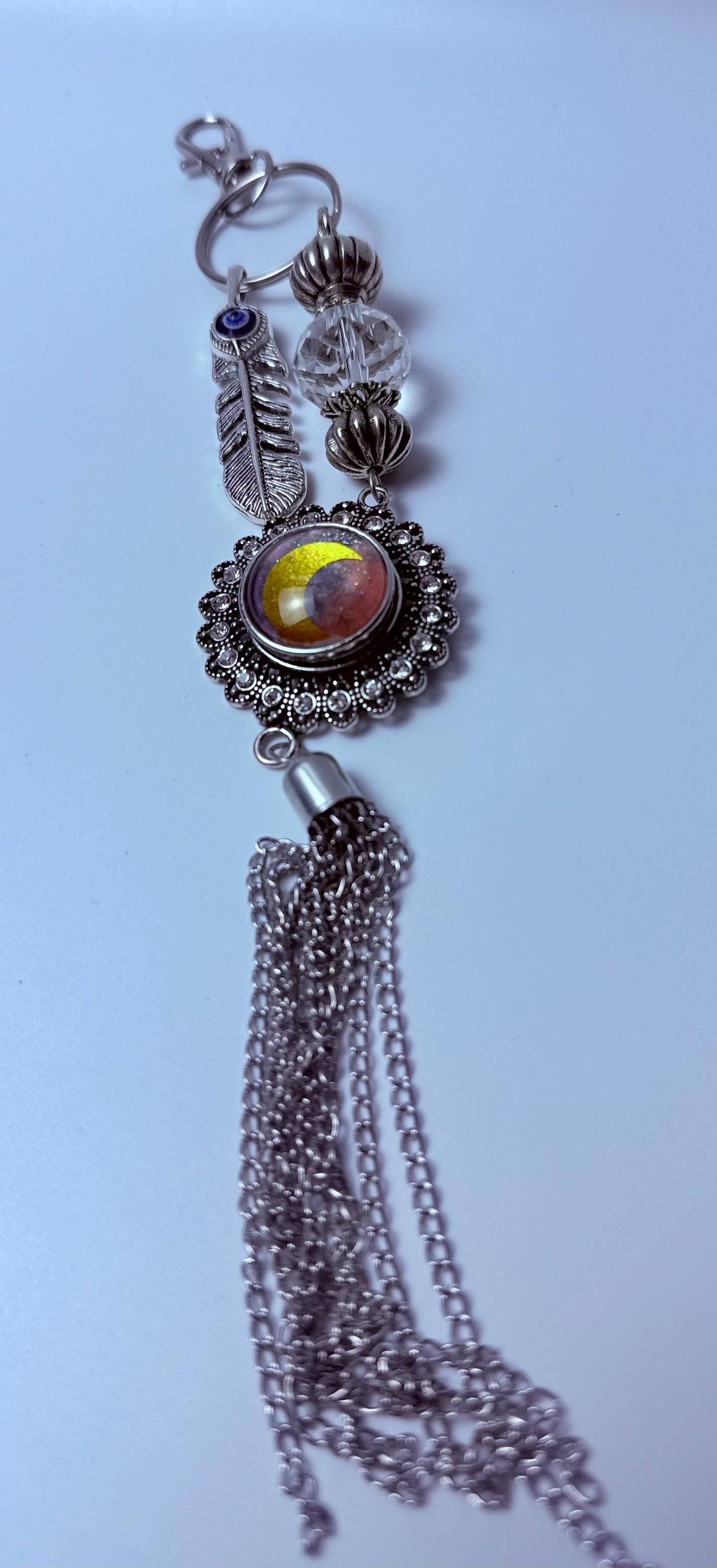 Boho Evil Eye Bag Charm: Mood Stone, Feather & Crystal Tassel
