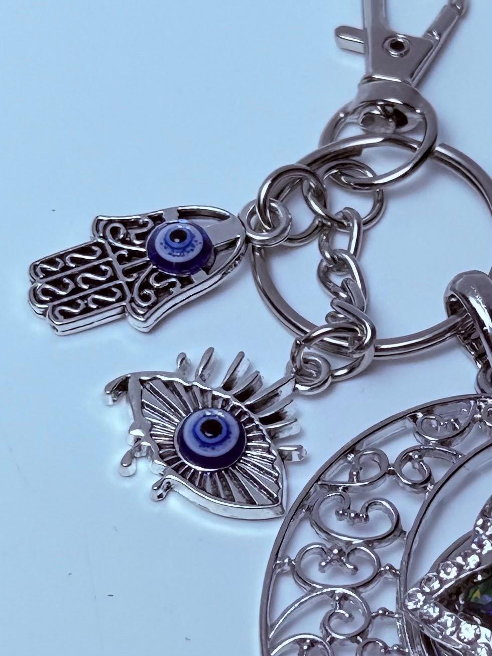 Moon & Evil Eye Bag Charm: Hamsa Hand Crescent Keychain