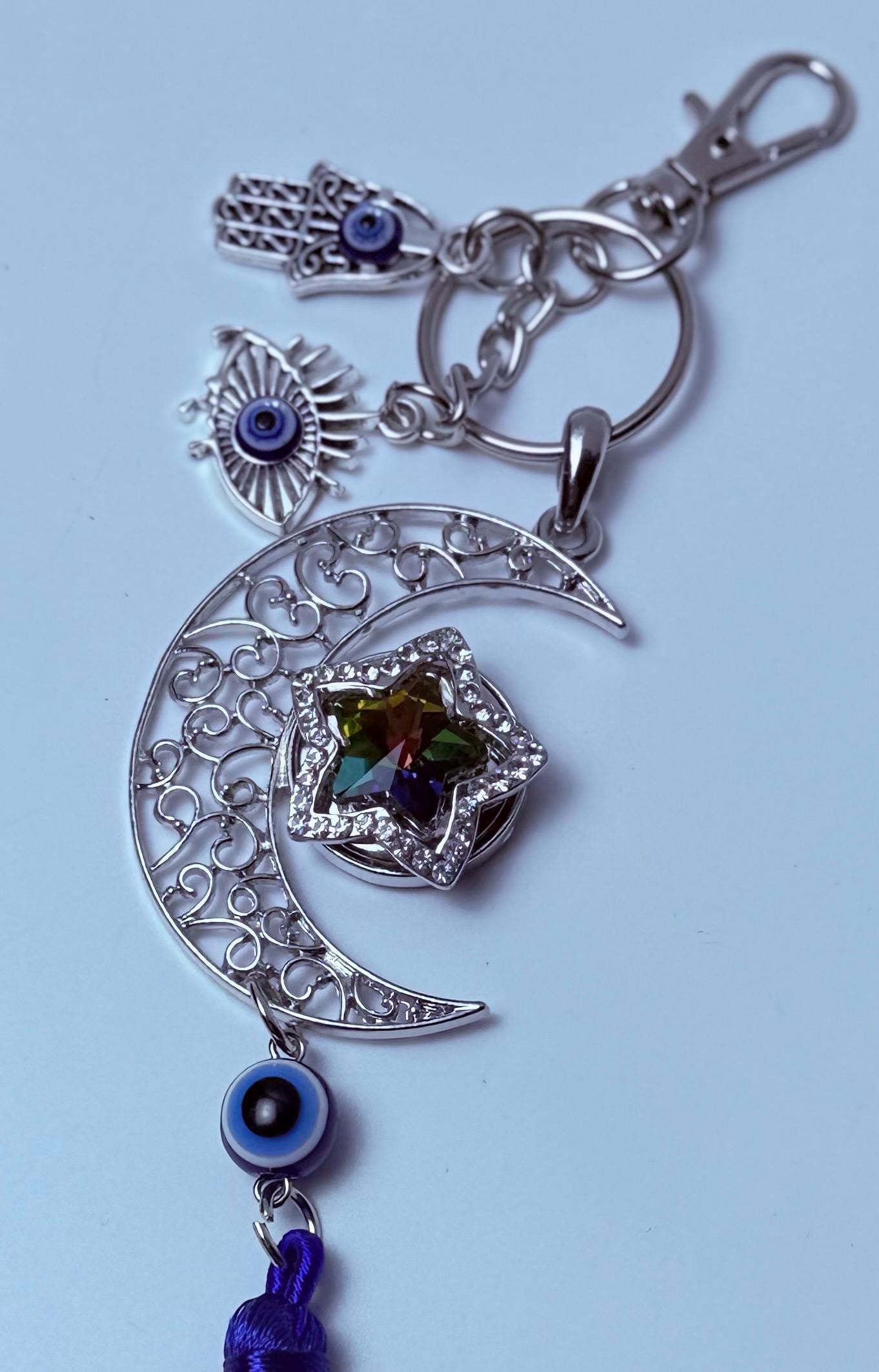 Moon & Evil Eye Bag Charm: Hamsa Hand Crescent Keychain