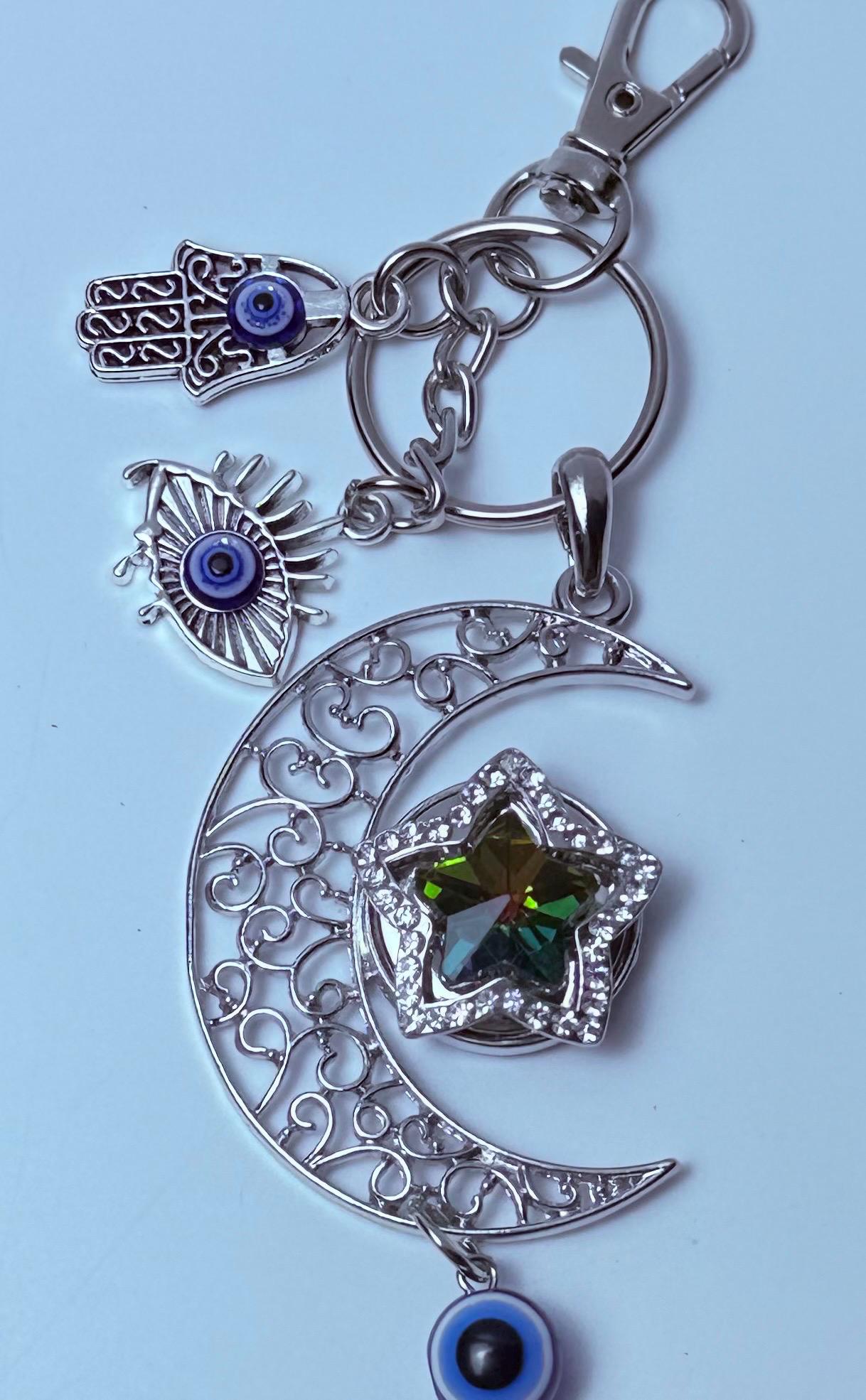 Moon & Evil Eye Bag Charm: Hamsa Hand Crescent Keychain