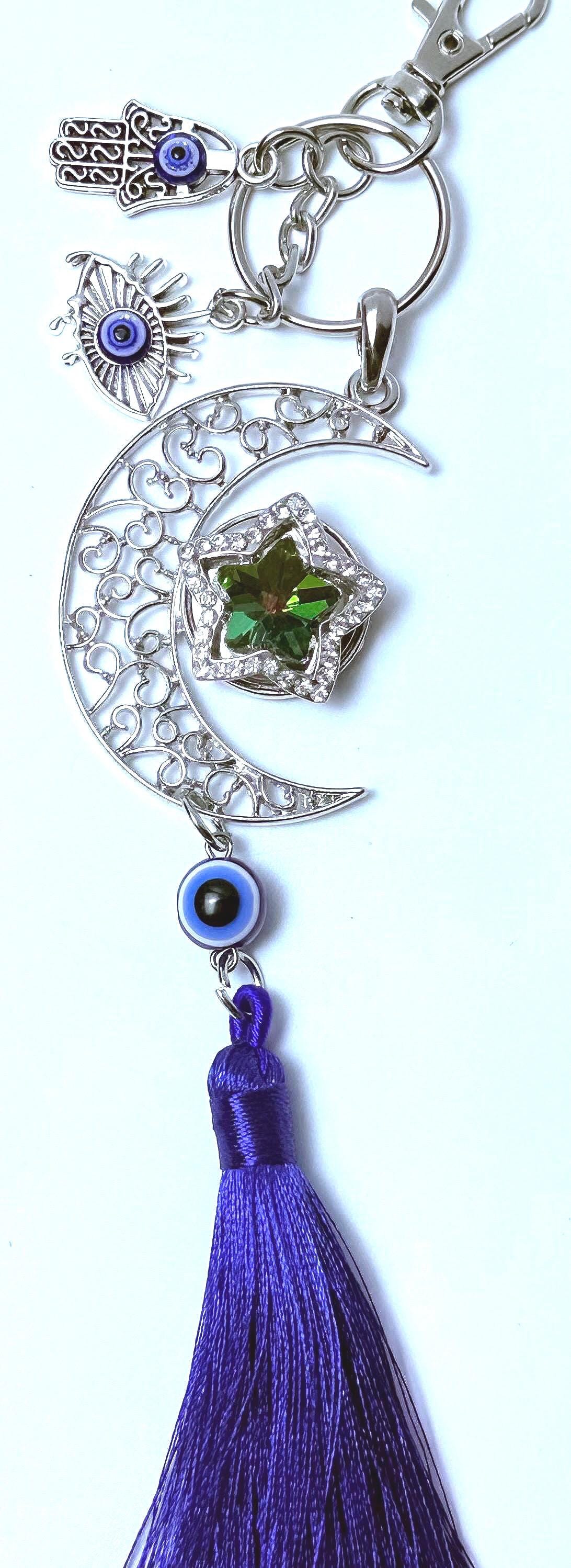 Moon & Evil Eye Bag Charm: Hamsa Hand Crescent Keychain