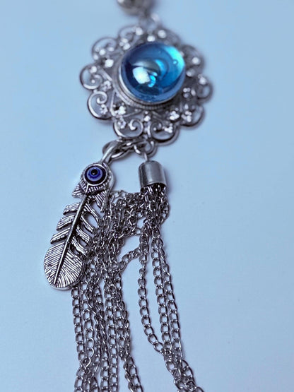 Blue Gemstone Evil Eye Bag Charm: Boho Silver Tassel, Feather & Crystal