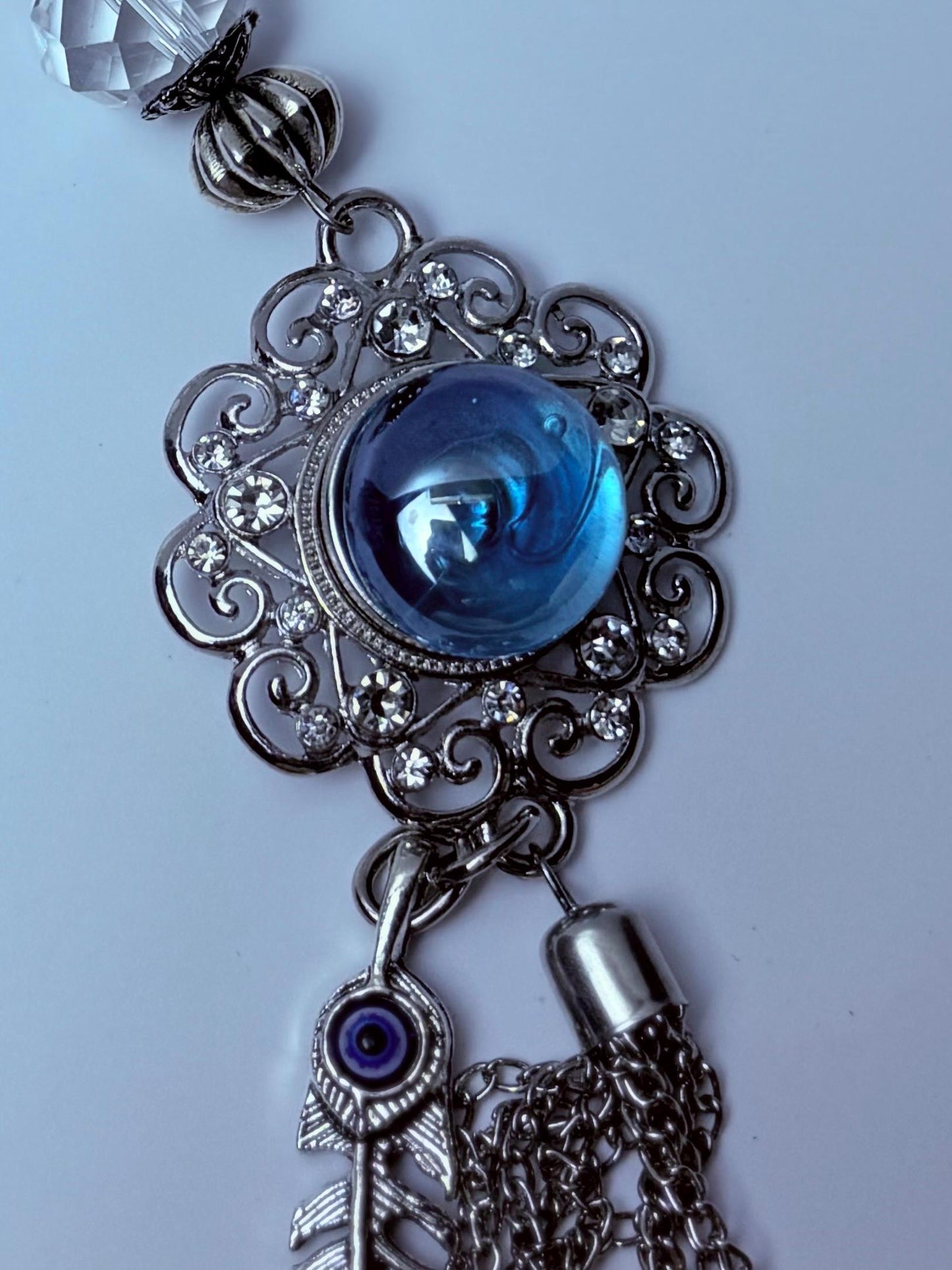 Blue Gemstone Evil Eye Bag Charm: Boho Silver Tassel, Feather & Crystal