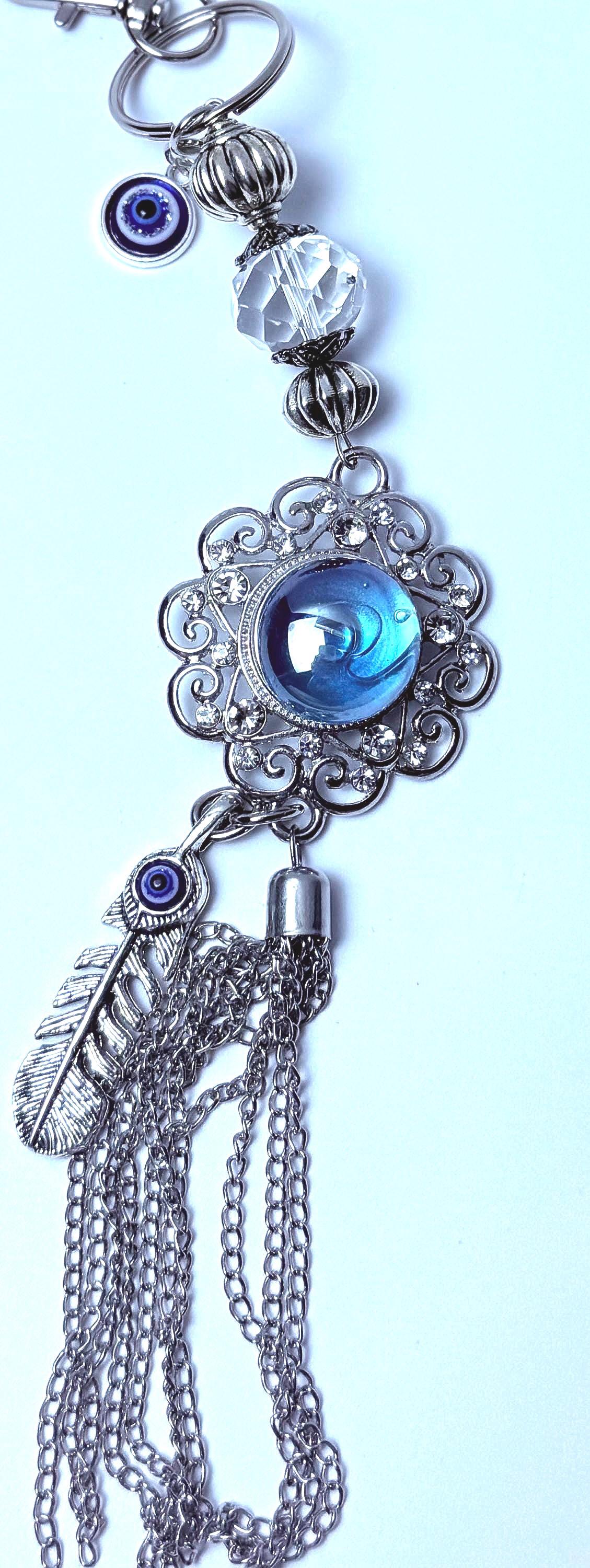 Blue Gemstone Evil Eye Bag Charm: Boho Silver Tassel, Feather & Crystal