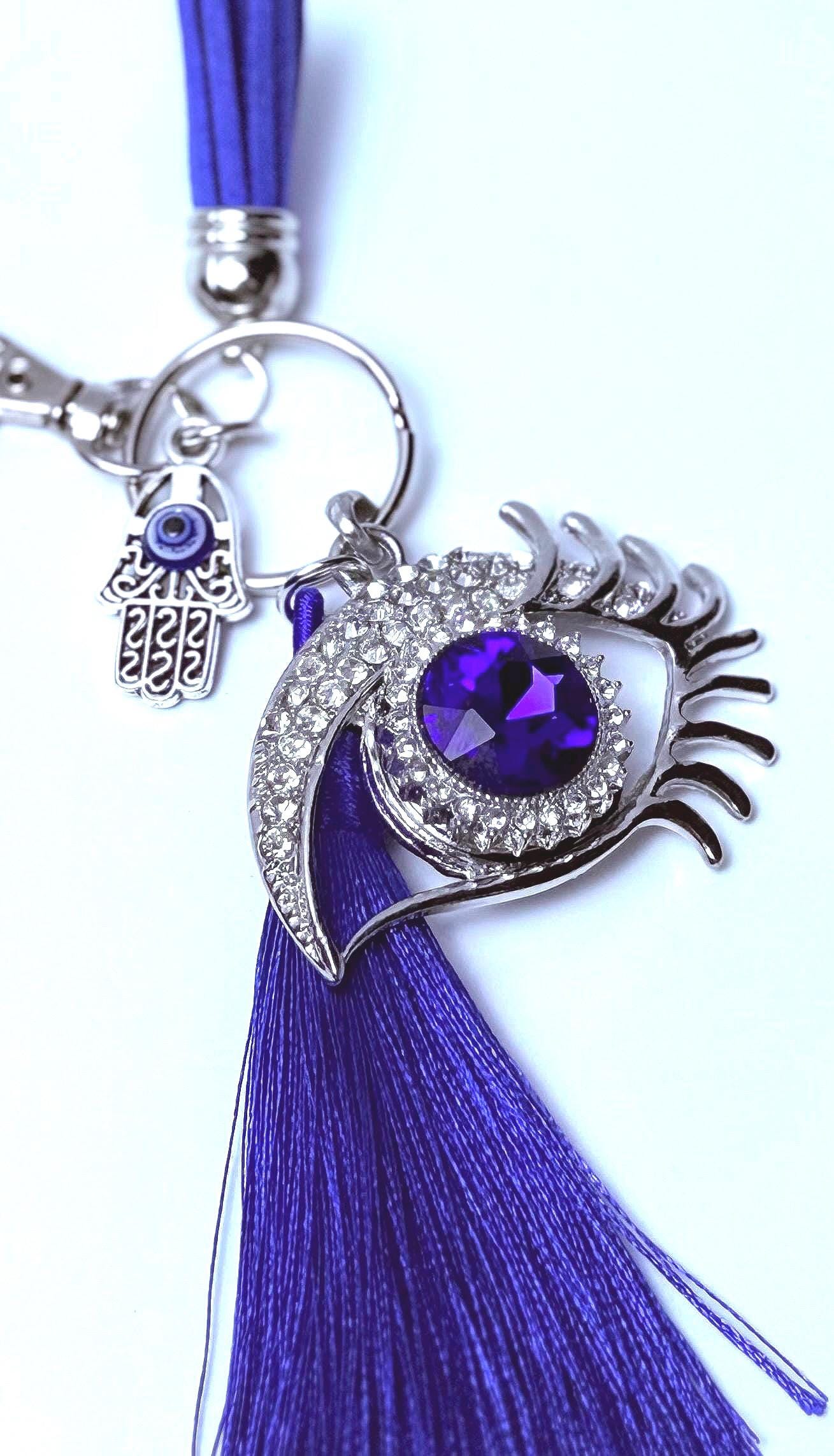 Blue Crystal Evil Eye Bag Charm: Rhinestone Hamsa Hand Tassel Keychain