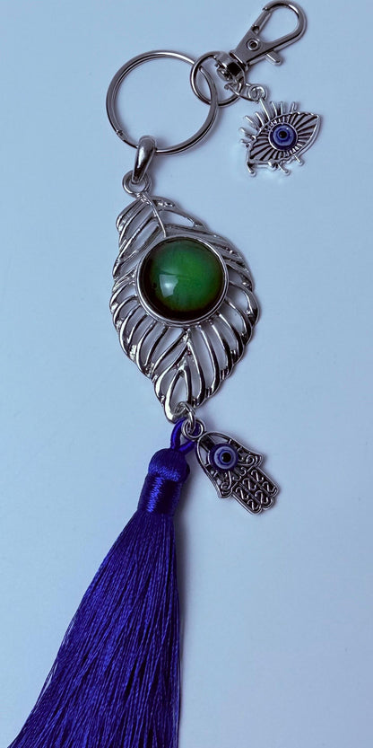 Moonstone Evil Eye Bag Charm: Rhinestone Hamsa Hand Tassel Keychain