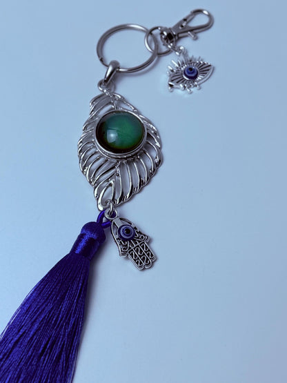 Moonstone Evil Eye Bag Charm: Rhinestone Hamsa Hand Tassel Keychain