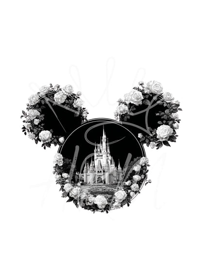 Disney Inspiriertes Rosen-Schloss-Mickey-SVG-PNG | Blumen-Mauskopf-Schnittdatei | Magisches Cricut & Silhouette Design für Shirts, Taschen, Bastelarbeiten