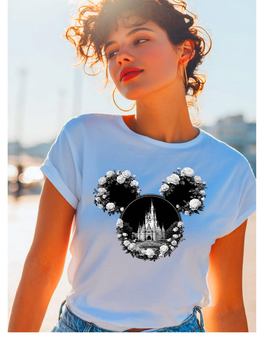 Disney Inspiriertes Rosen-Schloss-Mickey-SVG-PNG | Blumen-Mauskopf-Schnittdatei | Magisches Cricut & Silhouette Design für Shirts, Taschen, Bastelarbeiten