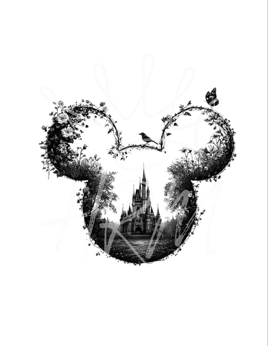 Disney-inspirierter Natur-Schloss Mickey SVG PNG | Verzauberter Maus-Kopf Schnittdatei | Märchen-Cricut- & Silhouette-Design Download