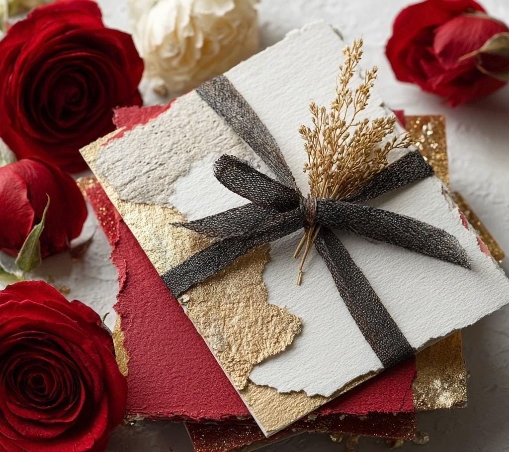 Luxuriöse Papier-Ephemera-Wundertüte | Rote Rosen, Goldfolie