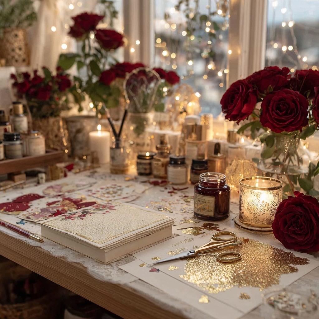 Luxuriöse Papier-Ephemera-Wundertüte | Rote Rosen, Goldfolie