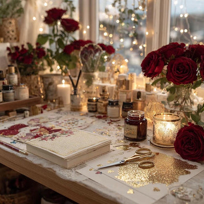 Luxuriöse Papier-Ephemera-Wundertüte | Rote Rosen, Goldfolie
