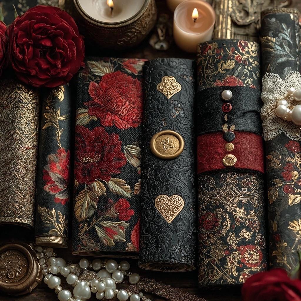 Luxuriöse Papier-Ephemera-Wundertüte | Rote Rosen, Goldfolie