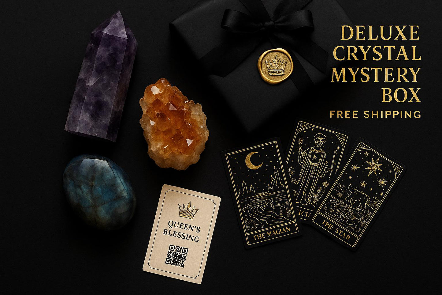 Deluxe Kristall-Box 23 Premium-Kristalle + Goldene Tarotkarten | Hexen-Geschenkbox | Heilstein-Set | Kostenloser Versand