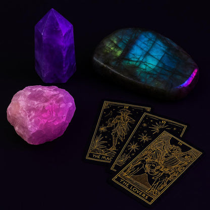 Deluxe Kristall-Box 23 Premium-Kristalle + Goldene Tarotkarten | Hexen-Geschenkbox | Heilstein-Set | Kostenloser Versand