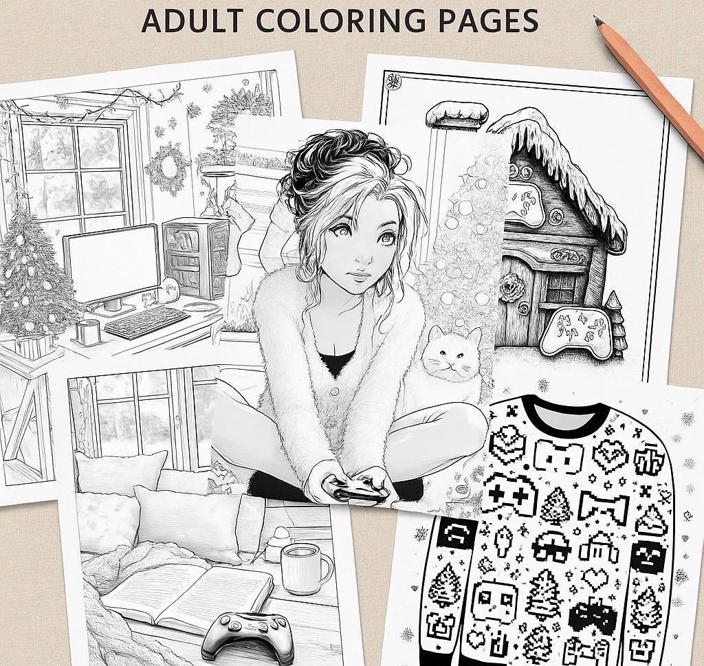 Cozy Christmas Gamer Coloring Book  Winter Holiday Printables (Digital Download)