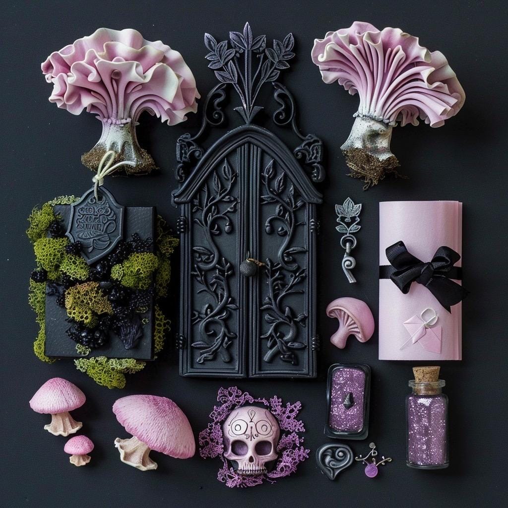 Pastel Goth Feengarten-Kit Süßigkeiten-Hof Leuchtbogen Fensterbank Minigarten | Gothic DIY Miniatur-Deko mit im Dunkeln leuchtenden Details
