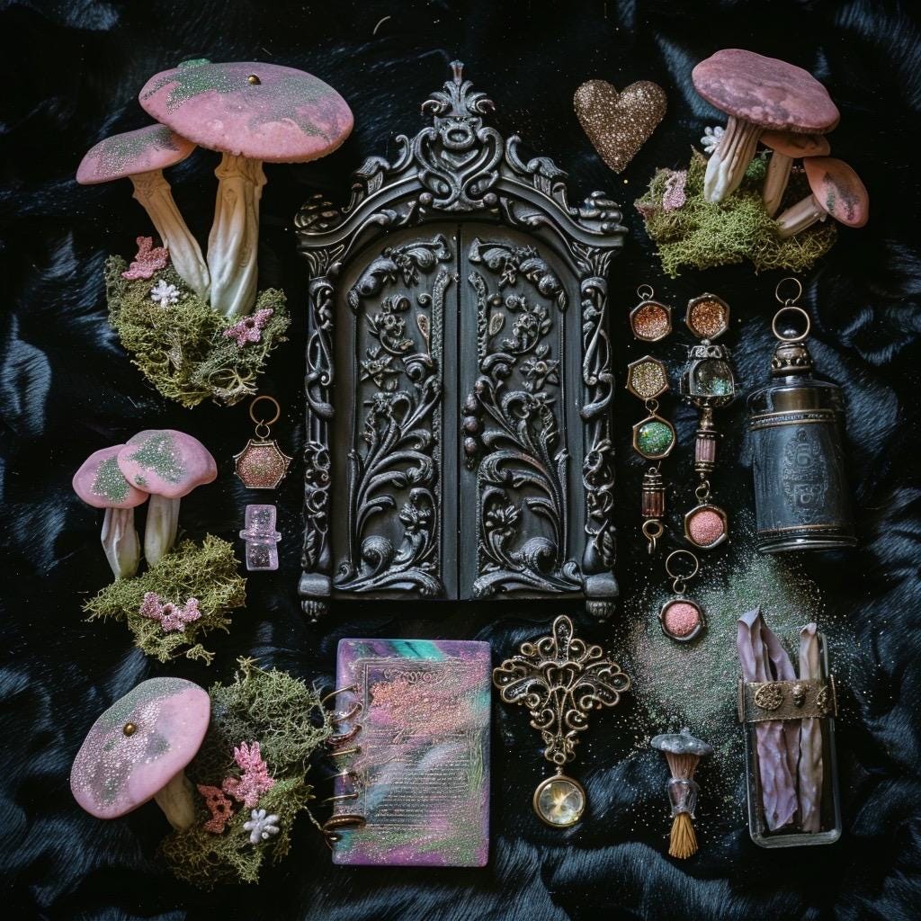 Pastel Goth Feengarten-Kit Süßigkeiten-Hof Leuchtbogen Fensterbank Minigarten | Gothic DIY Miniatur-Deko mit im Dunkeln leuchtenden Details