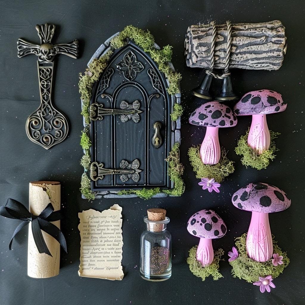 Pastel Goth Feengarten-Kit Süßigkeiten-Hof Leuchtbogen Fensterbank Minigarten | Gothic DIY Miniatur-Deko mit im Dunkeln leuchtenden Details