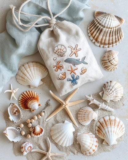 Meerjungfrauen-Schmuckbeutel Strandmuschel & Ozean-Kuriositäten-Geschenkset Muscheln, Haifischzähne Küstenandenken