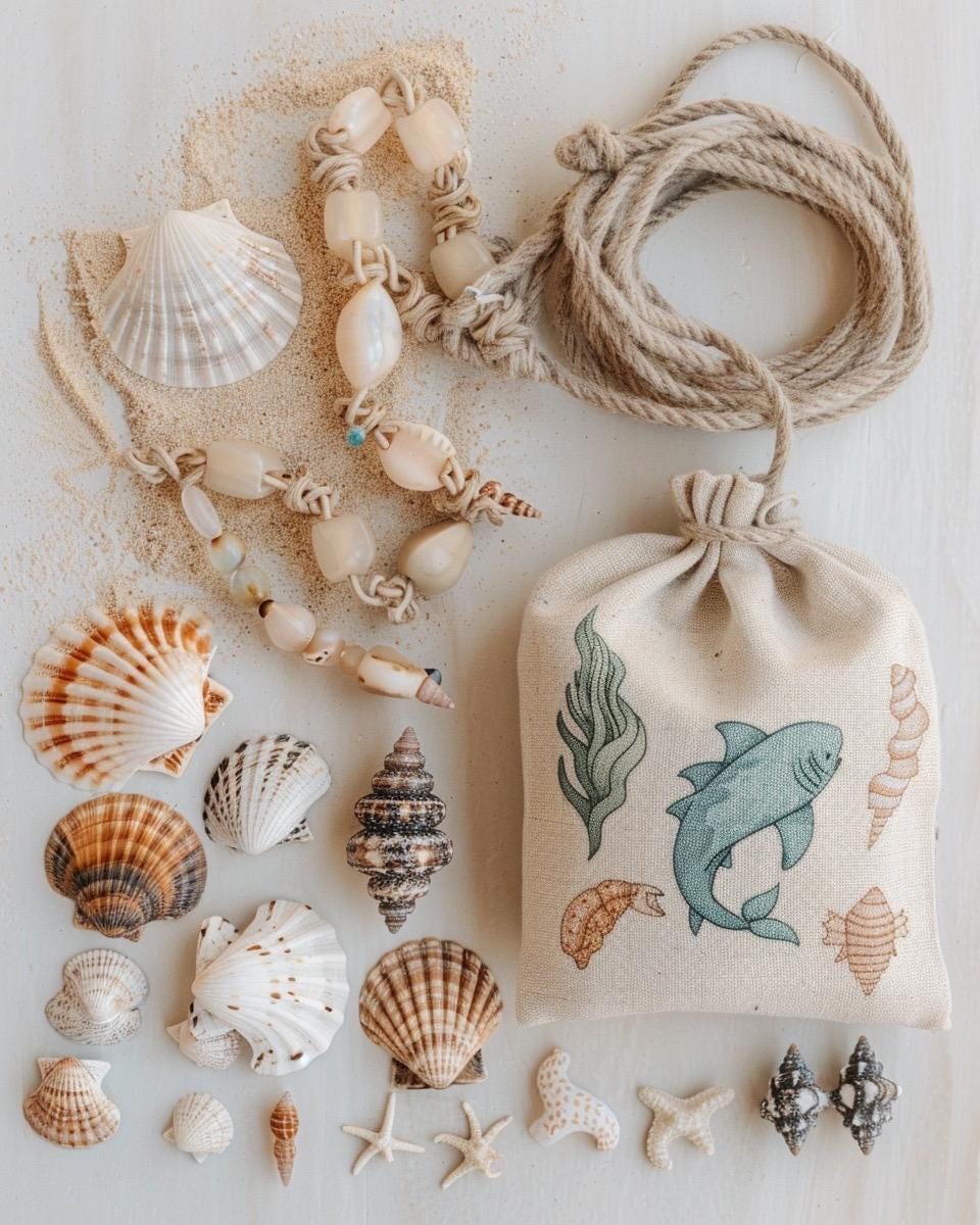Meerjungfrauen-Schmuckbeutel Strandmuschel & Ozean-Kuriositäten-Geschenkset Muscheln, Haifischzähne Küstenandenken