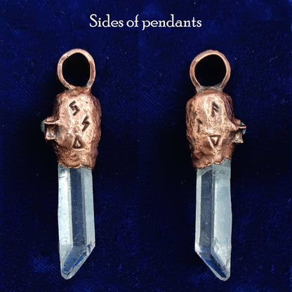 Clear Quartz Copper Pendant – Triple Moon Rune Amulet, Handmade Crystal Jewelry