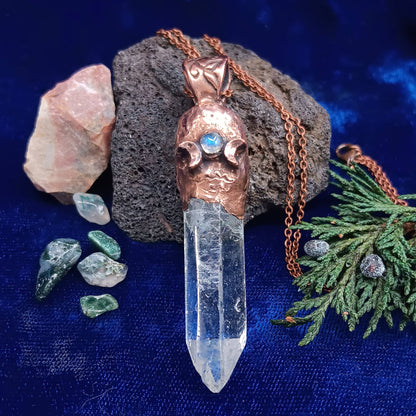 Clear Quartz Copper Pendant – Triple Moon Rune Amulet, Handmade Crystal Jewelry